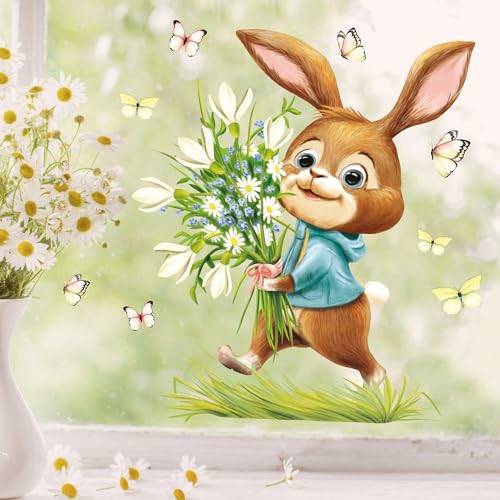 Fensterbild Frühling Ostern Hase Blumenstrauß Schmetterlinge Fensterdeko Kinder Frühlingsdeko Osterdeko, 2. A3 Bogen von Wandtattoo Loft