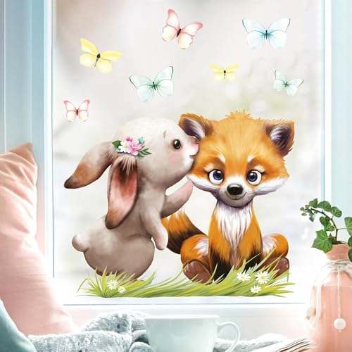 Fensterbild Frühling Ostern Hase und Fuchs mit Schmetterlingen Fensterdeko Kinder, Frühlingsdeko, Osterdeko Kinderzimmer, 1. A4 Bogen von Wandtattoo Loft