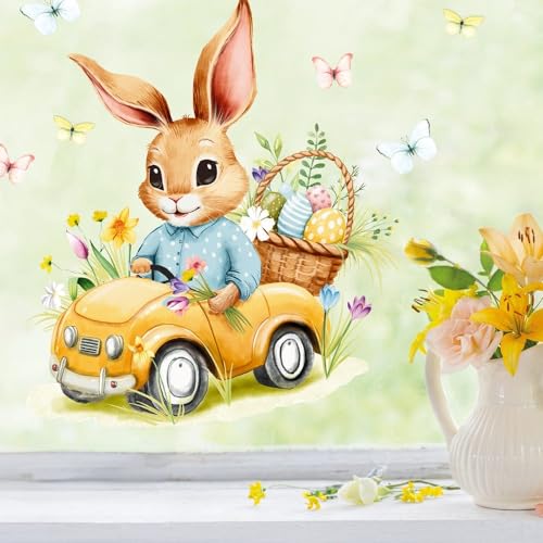 Fensterbild Frühling Ostern Hasen im gelben Auto mit Schmetterlingen Ostereiern und Blumen Fensterdeko Kinderzimmer Kind Frühlingsdeko, 1. A4 Bogen von Wandtattoo Loft