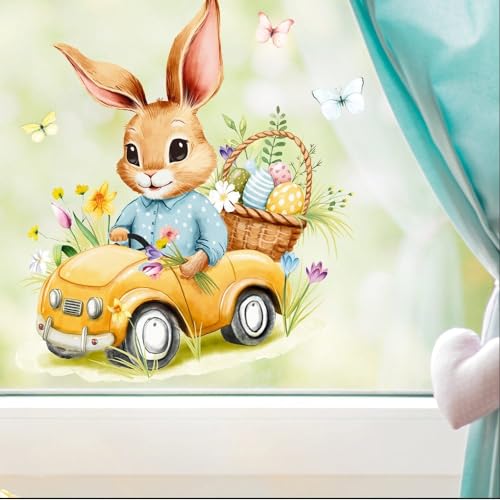 Fensterbild Frühling Ostern Hasen im gelben Auto mit Schmetterlingen Ostereiern und Blumen Fensterdeko Kinderzimmer Kind Frühlingsdeko, 2. A3 Bogen von Wandtattoo Loft