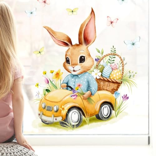 Fensterbild Frühling Ostern Hasen im gelben Auto mit Schmetterlingen Ostereiern und Blumen Fensterdeko Kinderzimmer Kind Frühlingsdeko, 4. A1 Bogen von Wandtattoo Loft