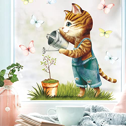 Fensterbild Frühling Ostern Katze mit Giesskanne, Blumentopf und Schmetterlingen, Fensterdeko Kinderzimmer Kind, 2. A3 Bogen von Wandtattoo Loft