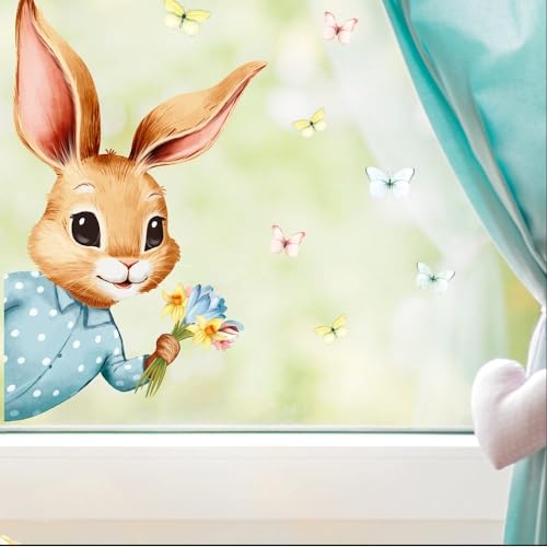 Fensterbild Frühling Ostern Osterhase hineinschauend Schmetterlingen Blumenstrauß Fensterdeko Kinderzimmer Kind Frühlingsdeko, 3. A2 Bogen, Von Links von Wandtattoo Loft