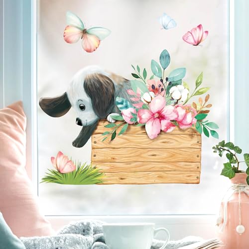 Fensterbild Frühling Ostern Welpe Hund in Kiste mit Blumen Schmetterlingen Fensterdeko Kinderzimmer Kind, Osterdeko, Frühlingsdeko, 3. A2 Bogen von Wandtattoo Loft