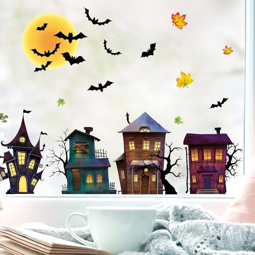 Fensterbild Halloween Fledermäuse Gruselhaus Gruselhäuser Fensterdeko Kinderzimmer Kind Fensterfolie Fensterdekoration, A2 Bogen von Wandtattoo Loft