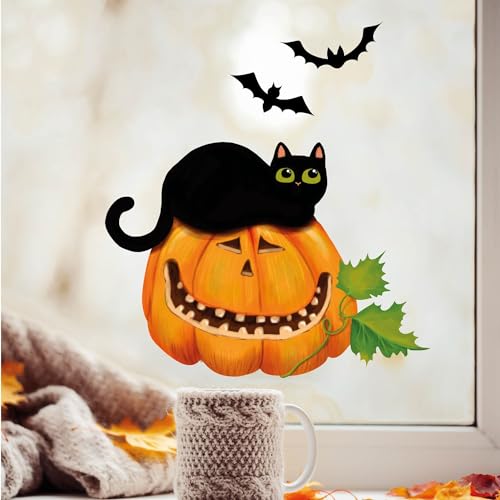 Fensterbild Halloween Katze Kürbis Fledermäuse Fensterdeko Kinderzimmer Kind Fensterfolie Fensterdekoration, 1. A4 Bogen von Wandtattoo Loft