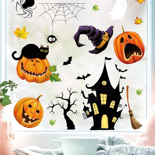 Fensterbild Halloween Katze Kürbisse Spinnennetz Fledermäuse Gruselhaus Fensterdeko Kinderzimmer Kind Fensterfolie Fensterdekoration, A2 Bogen von Wandtattoo Loft