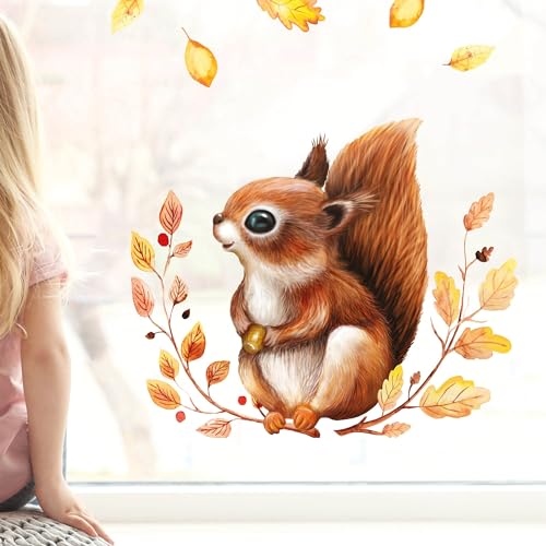 Fensterbild Herbst Eichhörnchen auf Blätterkranz und Eichel wiederverwendbare Fensteraufkleber Kinderzimmer Baby Kind Herbstblätter, 1. A4 Bogen von Wandtattoo Loft