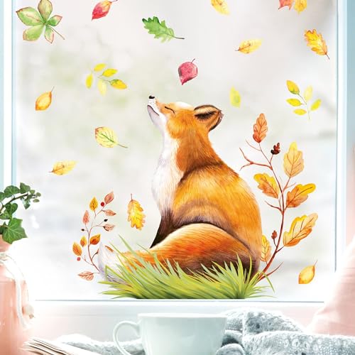 Fensterbild Herbst Fuchs im Profil mit Blättern, herbstlicher Fensteraufkleber Fensterdeko, A2 Bogen von Wandtattoo Loft