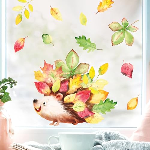 Wandtattoo Loft Fensterbild Herbst mit Igel & Blättern Motiv, A4 Bogen, Herbstdeko Fenster Kinderzimmer, Herbstbilder Fenster, Fensterbild Herbst Kinder, Herbstblätter Fenster, Fensterfolie Herbst von Wandtattoo Loft