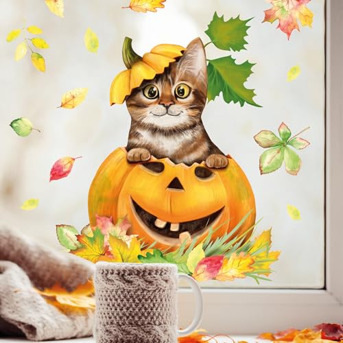 Fensterbild Herbst Herbstfrüchte Herbstblätter Kürbis mit Katze Halloween bunt wiederverwendbare Fensteraufkleber Kinderzimmer Baby Kind, 2. A3 Bogen von Wandtattoo Loft