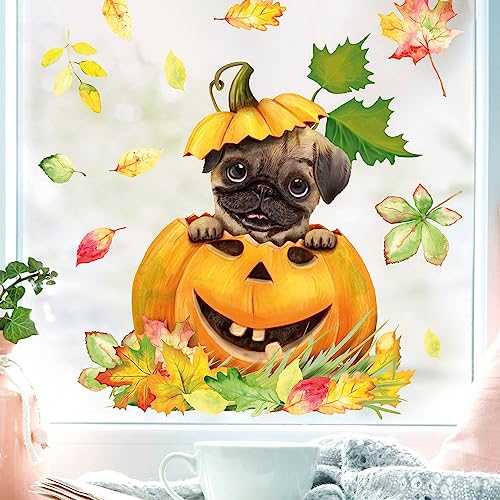 Fensterbild Herbst Herbstfrüchte Herbstblätter Kürbis mit Mops Hund Halloween bunt wiederverwendbare Fensteraufkleber Kinderzimmer Baby Kind, A4 Bogen von Wandtattoo Loft