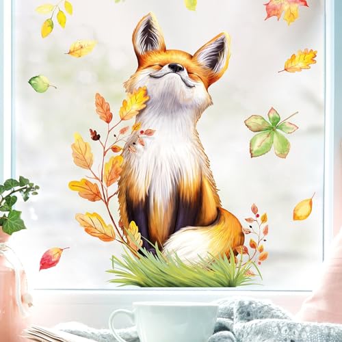 Fensterbild Herbst sitzender Fuchs mit Blättern, herbstlicher Fensteraufkleber Fensterdeko, A2 Bogen von Wandtattoo Loft