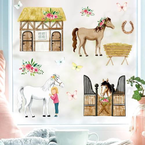 Fensterbild Pferde Frühling Sommer Pferdehof Blumen wiederverwendbare Fensteraufkleber Kinderzimmer Mädchen Kind, 1. A4 Bogen von Wandtattoo Loft