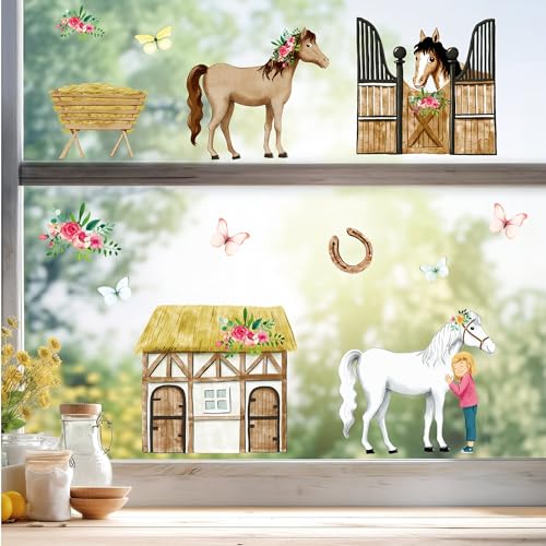 Fensterbild Pferde Frühling Sommer Pferdehof Blumen wiederverwendbare Fensteraufkleber Kinderzimmer Mädchen Kind, 2. A3 Bogen von Wandtattoo Loft