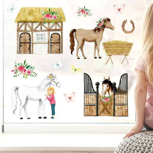 Fensterbild Pferde Frühling Sommer Pferdehof Blumen wiederverwendbare Fensteraufkleber Kinderzimmer Mädchen Kind, 3. A2 Bogen von Wandtattoo Loft