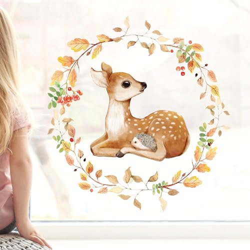 Wandtattoo Loft Fensterbild Herbst mit Rehkitz und Igel im Blätterkranz Motiv, A3 Bogen, Herbstdeko Fenster Kinderzimmer, Herbstbilder Fenster, Fensterbild Herbst Kinder, Herbstblätter Fenster von Wandtattoo Loft