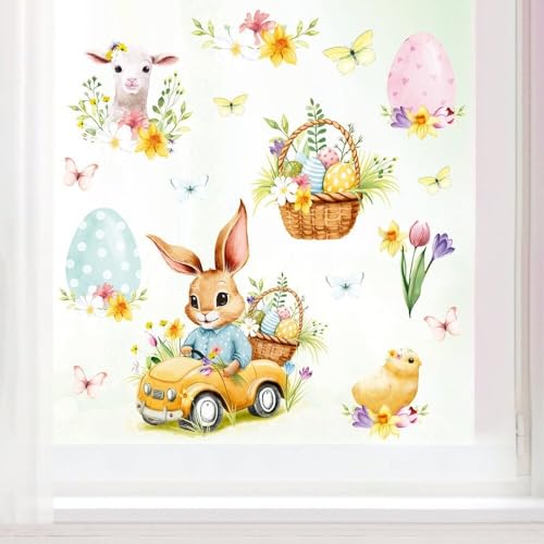 Fensterbild Set Frühling Ostern Hasen im Auto mit Schmetterlingen Ostereiern Küken Lamm & Blumen Fensterdeko Frühlingsdeko, 1. A4 Bogen von Wandtattoo Loft