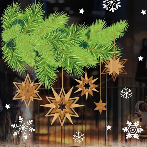 Fensterbild Weihnachten Tannenzweige mit Sterne in Holzoptik und Schneeflocken, Fensteraufkleber, Weihnachtsdekoration, 1. A4 Bogen von Wandtattoo Loft