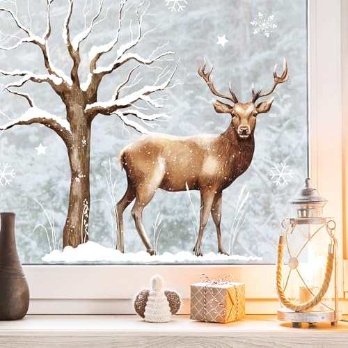 Fensterbild Weihnachten Winter Hirsch mit Schnee und einem beschneiten Baum, 2. A3 Bogen von Wandtattoo Loft