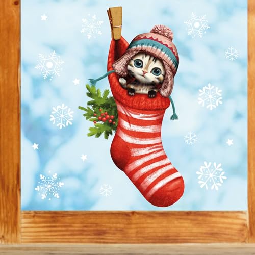 Fensterbild Weihnachten Winter Katze Socke Schneeflocken Kinderzimmer Fenster, 1. A4 Bogen von Wandtattoo Loft