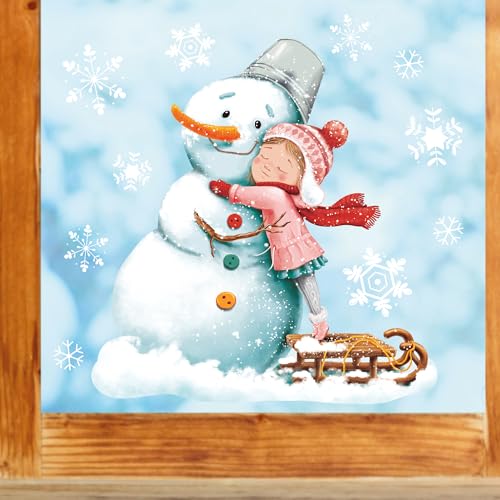 Fensterbild Weihnachten Winter Schneemann mit Mädchen und Schneeflocken Fensteraufkleber, Weihnachtsdekoration, Winterdekoration, 2.A3 Bogen von Wandtattoo Loft