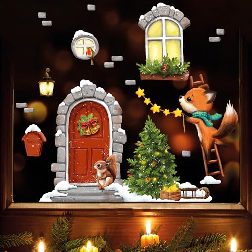 Fensterbild Weihnachten Winter Weihnachtstür mit Fuchs Leiter Weihnachtsdeko Schneeflocken Kinderzimmer Fenster, Weihnachtsdeko, A4 Bogen von Wandtattoo Loft