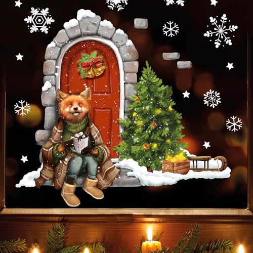 Fensterbild Weihnachten Winter Weihnachtstür mit Fuchs und Weihnachtsdeko Schneeflocken Kinderzimmer Fenster, Weihnachtsdeko, A2 Bogen von Wandtattoo Loft