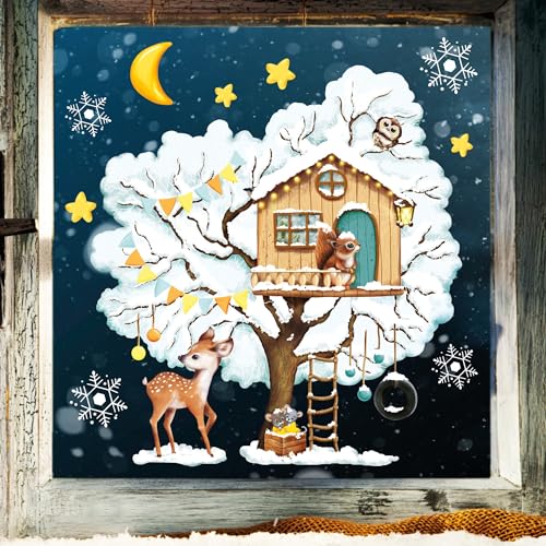 Fensterbild Weihnachten Winter wiederverwendbar Baumhaus mit Tieren Fensterdeko, 3. A2 Bogen von Wandtattoo Loft