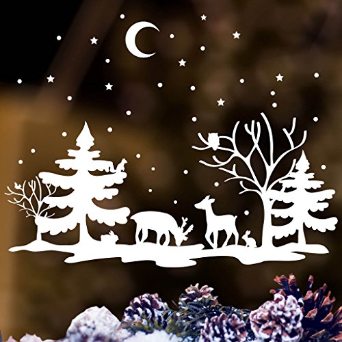 Fensterbild Winterlandschaft mit Tieren Fenster Dekoration weiß REH Hirsch Eule Hase und Eichhörnchen / / 35 cm hoch x 46 cm breit von Wandtattoo-Loft