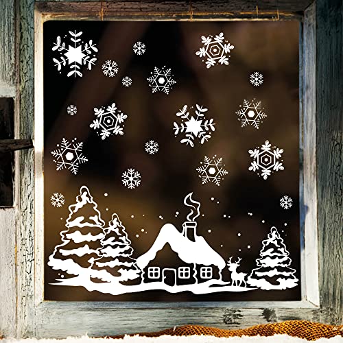 Fensterbild Weihnachten Fenstersticker Häuschen mit REH und Winterlandschaft WIEDERVERWENDBAR von Wandtattoo-Loft