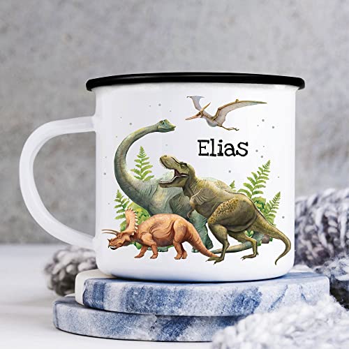 Wandtattoo Loft Kindertasse Emaille Becher Dinosaurier Schulkind Einschulung Geschenk Schulanfang Schulkind personalisiert Wunschname, schwarz von Wandtattoo Loft