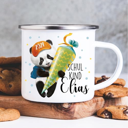 Kindertasse Emaille Tasse Campingbecher Panda Bär Einschulung personalisiert Wunschnamen / 1. silberner Becherrand von Wandtattoo Loft