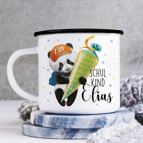 Kindertasse Emaille Tasse Campingbecher Panda Bär Einschulung personalisiert Wunschnamen / 2. schwarzer Becherrand von Wandtattoo Loft