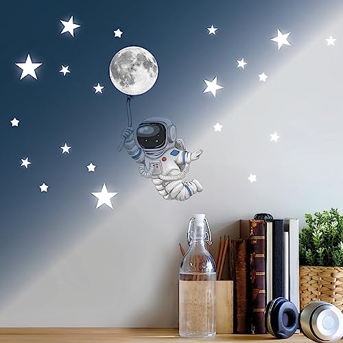 Leuchtaufkleber schwebender Astronaut Mond Weltall, leuchtende und fluoreszierende Sterne, leuchten im Dunklen von Wandtattoo Loft