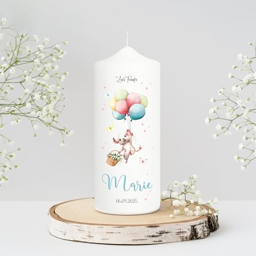 Wandtattoo Loft Taufkerze Junge oder Mädchen Motiv Maus mit Luftballon, 18cm x 7cm, personalisierte Kerze, bedruckte Kerze zur Taufe, Stumpenkerze, individuelles Taufgeschenk von Wandtattoo Loft