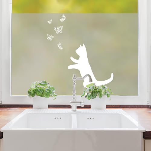 Sichtschutzfolie Katze mit Schmetterlingen Fensterfolie Fensterdeko Milchglasfolie, 120 cm hoch, 65 cm breit von Wandtattoo Loft