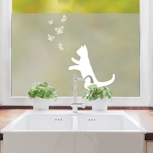 Sichtschutzfolie Katze mit Schmetterlingen Fensterfolie Fensterdeko Milchglasfolie, 55 cm hoch, 50 cm breit von Wandtattoo Loft