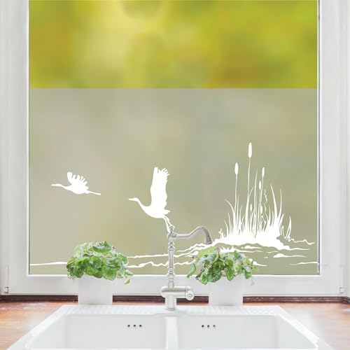 Sichtschutzfolie Kraniche mit Schilf am Ufer maritime Fensterfolie Fensterdeko Milchglasfolie, 100 cm hoch, 150 cm breit von Wandtattoo Loft