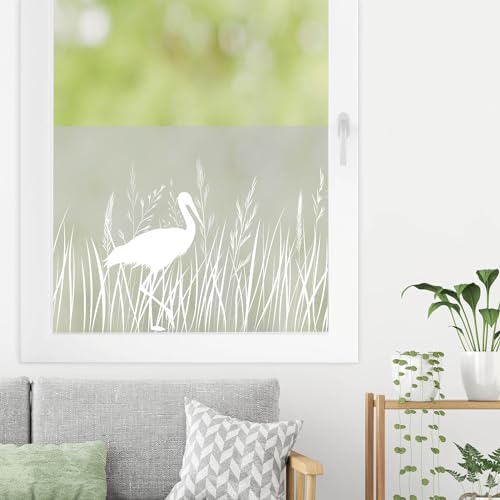 Sichtschutzfolie Storch und Gräser Wildblumen Florale Fensterfolie Fensterdeko Milchglasfolie Folie Fenster, 55 cm hoch, 75 cm breit von Wandtattoo Loft