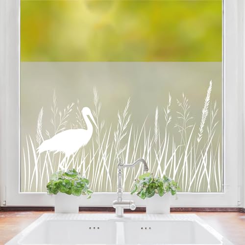 Sichtschutzfolie Storch und Gräser Wildblumen Florale Fensterfolie Fensterdeko Milchglasfolie Folie Fenster, 55 cm hoch, 90 cm breit von Wandtattoo Loft