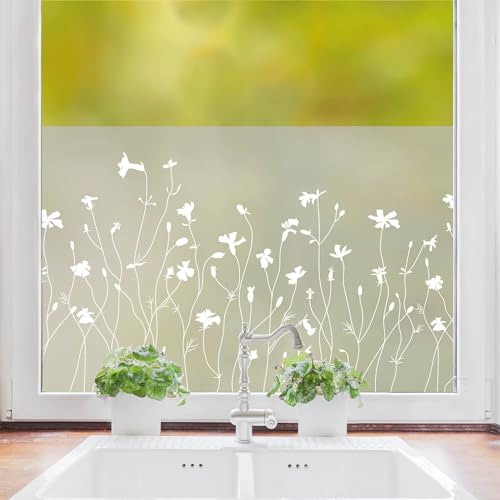 Sichtschutzfolie Wildblume Wiederverwendbar Wiese florale Fensterfolie Fensterdeko Milchglasfolie, 55 cm hoch, 200 cm breit von Wandtattoo Loft