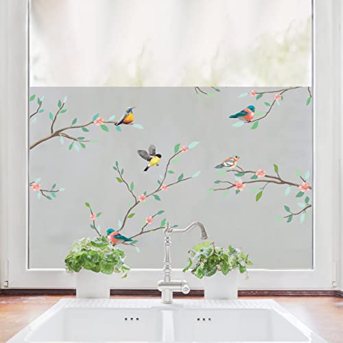Sichtschutzfolie Zweige mit Vögeln, Fensterfolie Fensterdeko Milchglasfolie, 120 cm hoch, 110 cm breit von Wandtattoo Loft