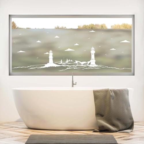 Sichtschutzfolie mit dem Leuchtturm von Warnemünde und Segelbooten auf der Ostsee, Fensterfolie Fensterdeko Milchglasfolie, 180 cm hoch, 65 cm breit von Wandtattoo Loft