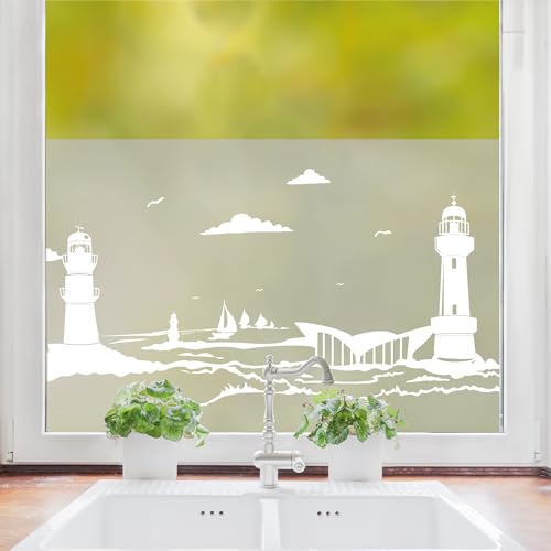 Sichtschutzfolie mit dem Leuchtturm von Warnemünde und Segelbooten auf der Ostsee, Fensterfolie Fensterdeko Milchglasfolie, 55 cm hoch, 50 cm breit von Wandtattoo Loft