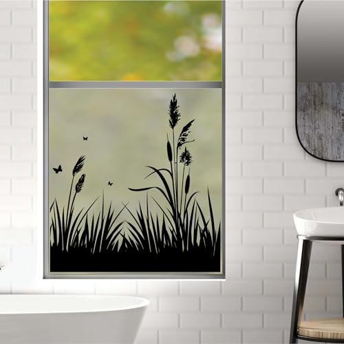 Sichtschutzfolie schwarz Schilf maritim Fensterfolie Fensterdeko Milchglasfolie Wiederverwendbar Sichtschutz, 75 cm hoch, 90 cm breit von Wandtattoo Loft