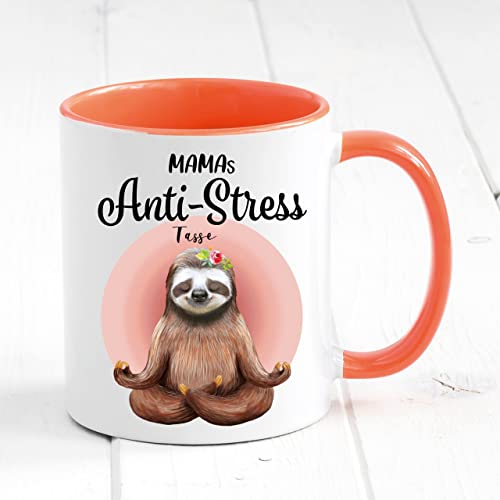 Tasse bedruckt mit Faultier Mamas Anti-Stress Tasse, Geschenk Muttertag Kaffeetasse Kaffeebecher, Muttertagsgeschenk, orange von Wandtattoo Loft