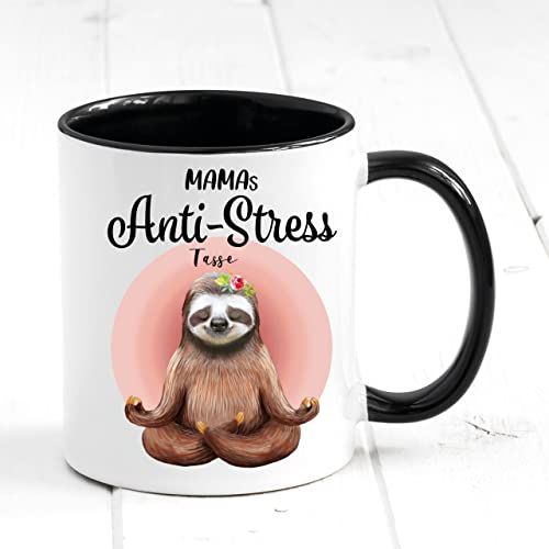 Tasse bedruckt mit Faultier Mamas Anti-Stress Tasse, Geschenk Muttertag Kaffeetasse Kaffeebecher, Muttertagsgeschenk, schwarz von Wandtattoo Loft