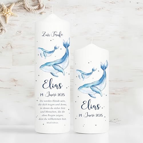 Wandtattoo Loft Taufkerze Junge mit Taufspruch + Patenkerze, Motiv Blauer Wal 25 x 7 cm, personalisierte Kerze, bedruckte Kerze zur Taufe, Taufgeschenk von Wandtattoo Loft
