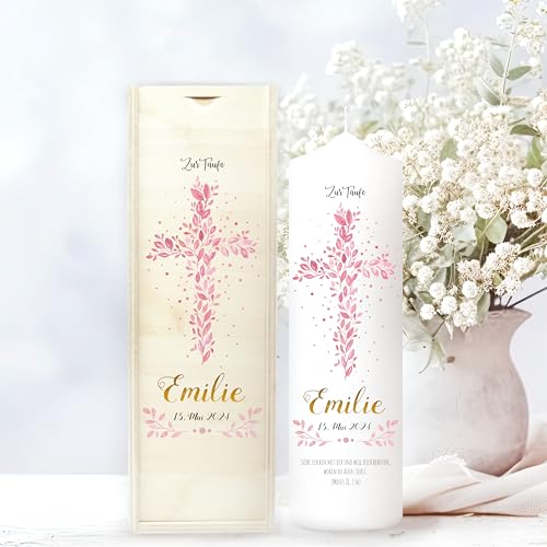 Wandtattoo Loft Taufkerze Mädchen mit Taufspruch, Motiv Heiliges Kreuz aus rosa Blättern, 25cm x 7cm, personalisierte Kerze, bedruckte rosa Kerze Taufe, Stumpenkerze, individuelles Taufgeschenk Wandtattoo Loft Taufkerze Mädchen mit Taufspruch, Motiv Heiliges Kreuz aus rosa Blättern, 25cm x 7cm, personalisierte Kerze, bedruckte rosa Kerze Taufe, Stumpenkerze, individuelles Taufgeschenk von Wandtattoo Loft